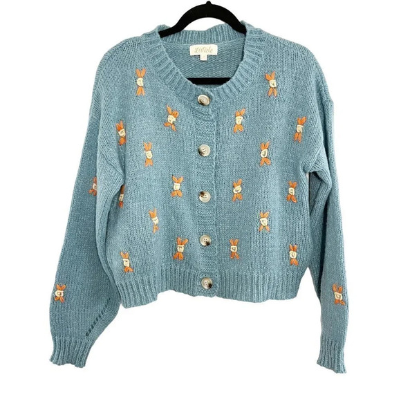 Listicle Blue Button Front Cardigan with Floral Design & Pockets Women's Small - Picture 1 of 10